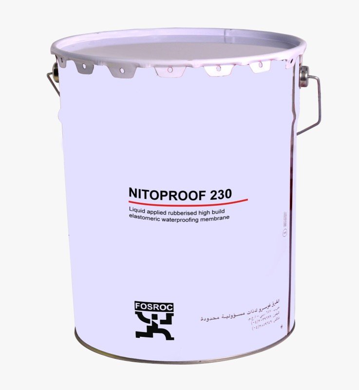 NITOPROOF 230 (20L)-Nitoproof 230 is a high build rubber reinforced bitumen emulsion. The emulsion is dark brown in colour and dries to form a black, flexible coating. Single Component, Cold Applied, 