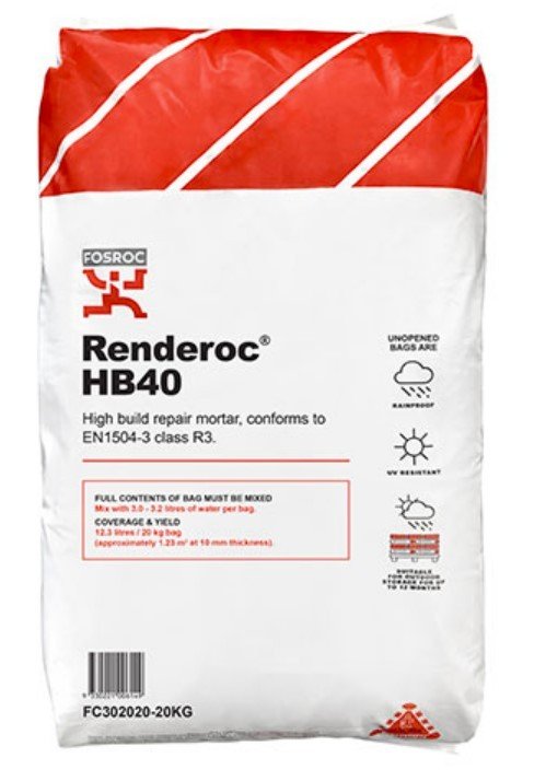 RENDEROC HB40 (25kg)-Renderoc HB40 is a high build repair mortar for localised repair of reinforced concrete up to 45MPa. Meets the requirements of EN1504-3 Class R3. It can be applied to vertical con