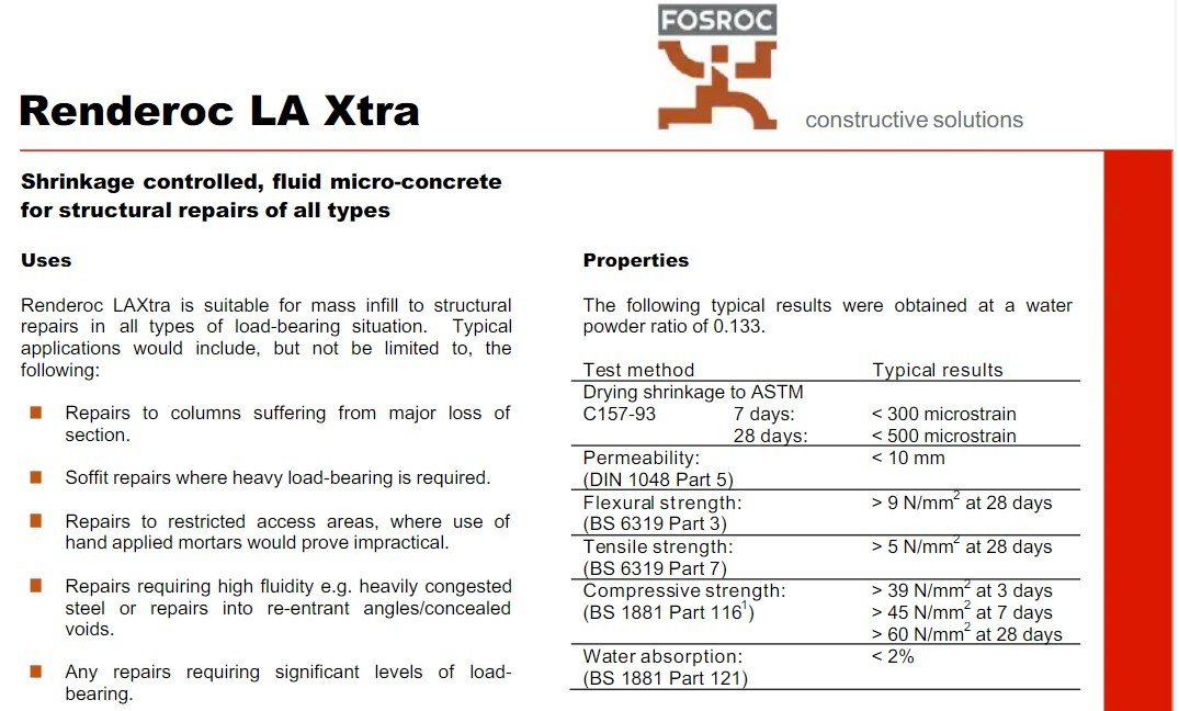 RENDEROC LA XTRA (25kg)-Renderoc LAXtra is suitable for mass infill to structural repairs in all types of loadbearing situation. Repairs requiring high fluidity e.g. heavily congested steel or repairs