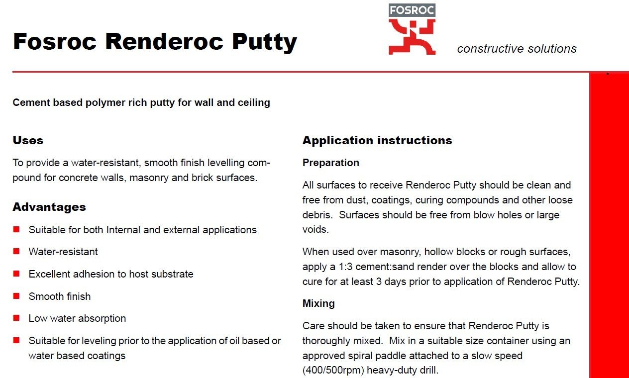 RENDEROC PUTTY WHITE (15kg)-Renderoc Putty is a single component product and is supplied ready to use . Its fine quality paste consists of polymers, fine graded fillers and biocides for good stability