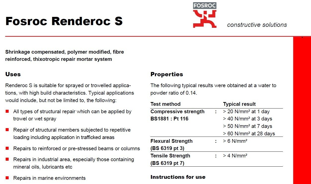 RENDEROC S (25kg)-Renderoc S is a high strength, polymer modified, cementitious repair material which has been specifically engineered for vertical or horizontal use.It can be applied up to 10 mm thic